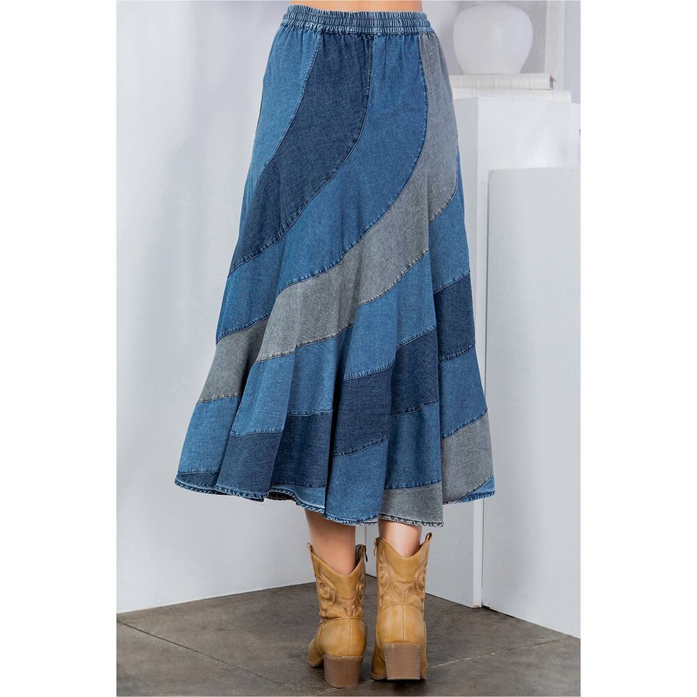 Young Threads Mid-Length Denim Skirt With Asymmetrical Panels - Picture 3 of 7